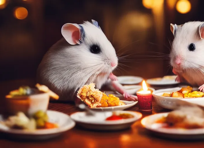 Image similar to photo of a hamsters on a date, eating various michelin dishes, at night, faded colors, candlelit restaurant table, various poses, soft light, centered, sharp focus, 8 k