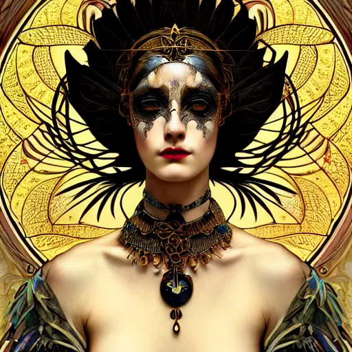 Prompt: goddess of crows, unusual beauty, emotionally evoking symbolic metaphors, head in focus, fantasy, ornamental, intricate, elegant, sensual, highly detailed digital painting, artstation, concept art, painterly, golden ratio, sharp focus, illustration, art by John Collier and Krenz Cushart and Artem Demura and Rafael and Alphonse Mucha and Albert Aublet