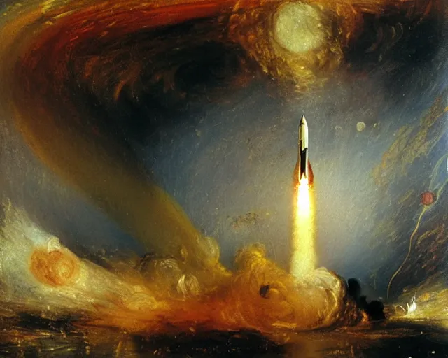 Prompt: an oil painting a saturn v rocket taking off, turner