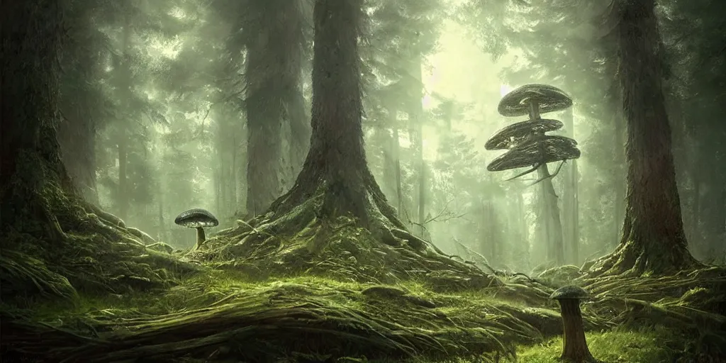 Image similar to an immense and powerful mushroom grows in a forest, it glows with an eery light, dark fantasy, Greg Rutkowski and Studio Ghibli and Ivan Shishkin