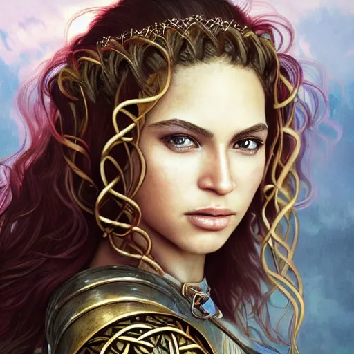 Prompt: head and shoulders portrait of a female knight, young beyonce, golden etched armor, lord of the rings, celtic hair braid, eldritch ruby amulet, sylvan glade, by artgerm, alphonse mucha, face detail, sharp focus, high key lighting, vogue fashion photo