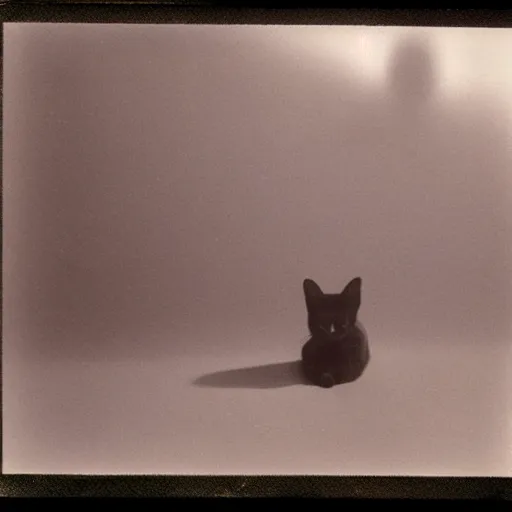 Image similar to black cloudy shadow of a cat on the painted wall, very blurry, mystical, misty, dreamy, shadow polaroid photo, by Warhol