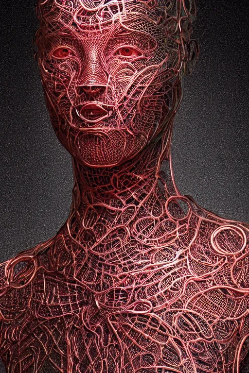 Image similar to a melancholic realistic 8k Sculpture of a complex robotic human face, liquid simulation, bright psychedelic color, dramatic lighting, silver gold red details, hexagonal mesh wire, filigree intricate details, cinematic, fleshy musculature, white blossoms, elegant, octane render, art nouveau, 8k post-processing, intricate art by John Collier and Albert Aublet and Krenz Cushart and Artem Demura and Alphonse Mucha