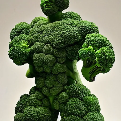 Prompt: a posing bodybuilder sculpture made entirely from broccoli, head of broccoli, broccoli that looks like a bodybuilder physique