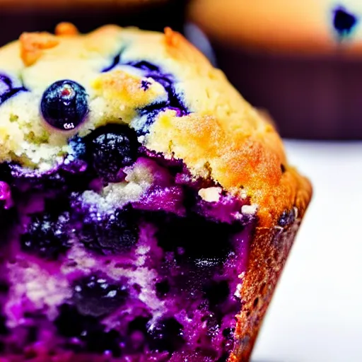 Image similar to the most delicious closeup macro photograph of a blueberry muffin, looks amazing and delicious, sugar crusted, baked to perfection juicey delicious blueberry mix