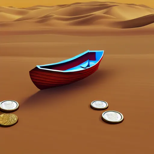 Image similar to boat in the dessert filled with coin and jewl collectables, game concept, low poly, horizontal view