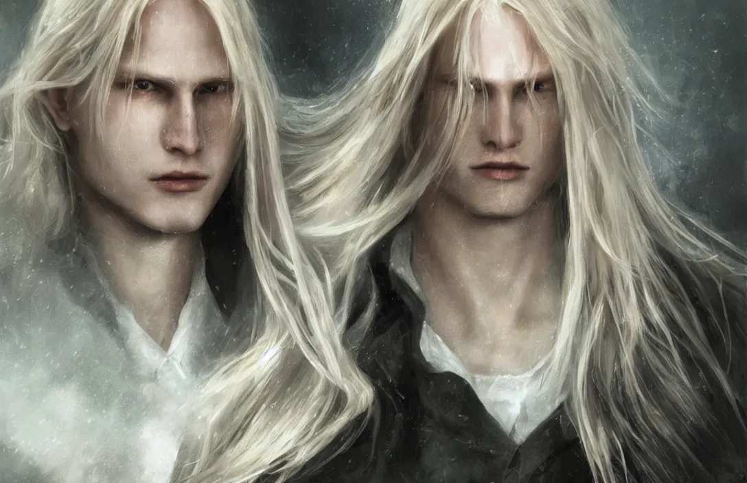 Image similar to a realistic detail portrait of a beautiful johan liebert alucard in middle earth, long blond hair, very very very light pale white skin, beautiful long blond hair, raining, mist, magic, dragon, goth by Julian calle, wlop, greg rutkowski, Finnian MacManus, Trending on artstation, black and yellow scheme, 8k, RE Engine