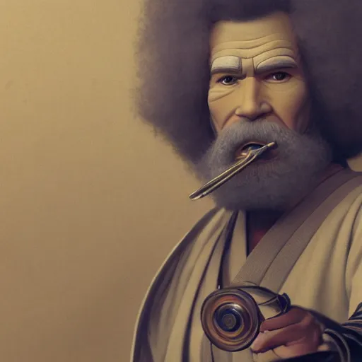 Image similar to an ultra detailed matte painting of bob ross smoking a pipe and dressed as a wandering ronin samurai, edo japan, concept art by jeong seon and alphonse mucha and greg rutkowski, octane render, 8 k, detailed face