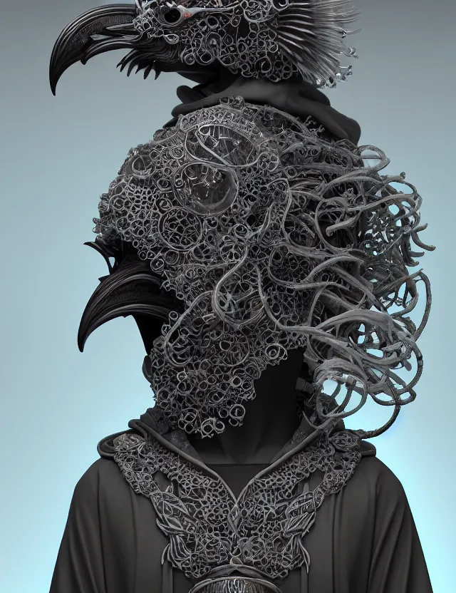 Image similar to 3 d goddess close - up profile portrait of cultist monk in hooded robe with ram skull. beautiful intricately detailed japanese crow kitsune mask and clasical japanese kimono. betta fish, jellyfish phoenix, bio luminescent, plasma, ice, water, wind, creature, artwork by tooth wu and wlop and beeple and greg rutkowski