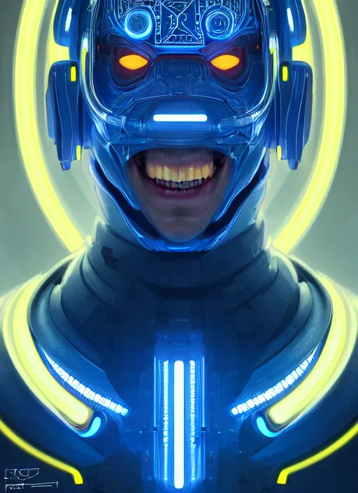 Image similar to symmetry portrait of a man with a grin, sci - fi, tech wear, blue and yellow glowing lights, intricate, elegant, highly detailed, digital painting, artstation, concept art, smooth, sharp focus, illustration, art by artgerm and greg rutkowski and alphonse mucha