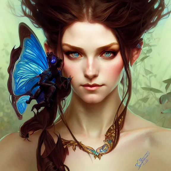 Image similar to Portrait of fairy woman, D&D, blue eyes, face, fantasy, intricate, elegant, highly detailed, digital painting, artstation, concept art, smooth, sharp focus, illustration, art by artgerm and greg rutkowski and alphonse mucha