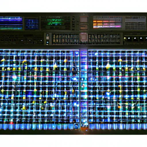 Image similar to digital grids and glowing stones with embedded LEDs. amber glowing screens and 9-track tape machines. jacob's ladder crackling.