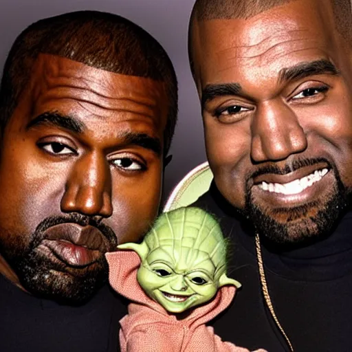 Image similar to kanye west smiling and holding yoda for a 1 9 9 0 s sitcom tv show, studio photograph, portrait