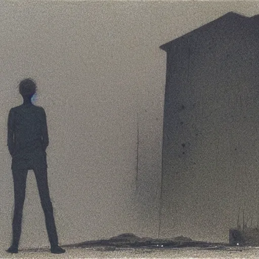 Prompt: a person standing in front of a burning house, looking away from the house, looking at the viewer, by Beksinski