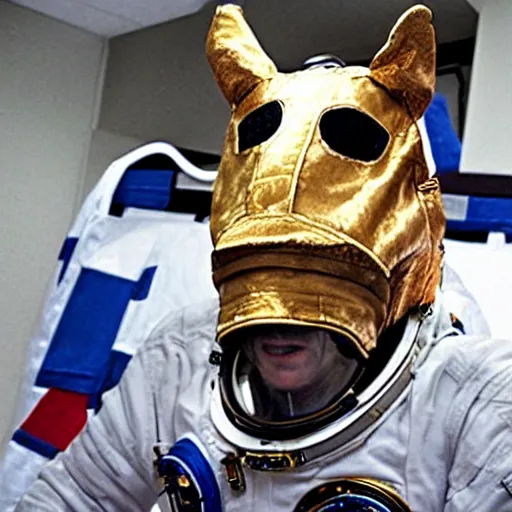 Image similar to astronaut wearing horse head mask