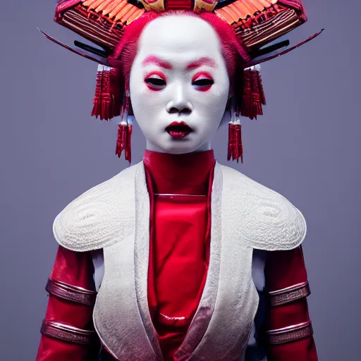 Prompt: beautiful albino maiko samurai armor, photograph, award wining, red and white, trending on artstation, punk attitude, 4k, unreal engine 5, octane render, neon highlights, detailed, photo by steve meiele, annie lebovetz, david lachapelle