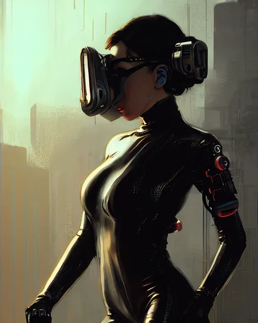 Image similar to girl wearing cyberpunk intricate catsuit, respirator, detailed portrait, cell shaded, 4 k, concept art, by wlop, ilya kuvshinov, artgerm, krenz cushart, greg rutkowski, pixiv. cinematic dramatic atmosphere, sharp focus, volumetric lighting, cinematic lighting, studio quality