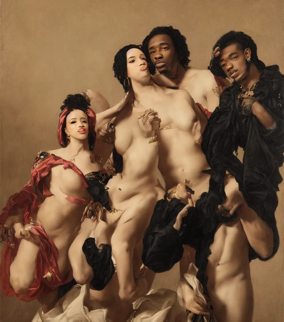 Image similar to portrait of cardi b and offset in the style of roberto ferri