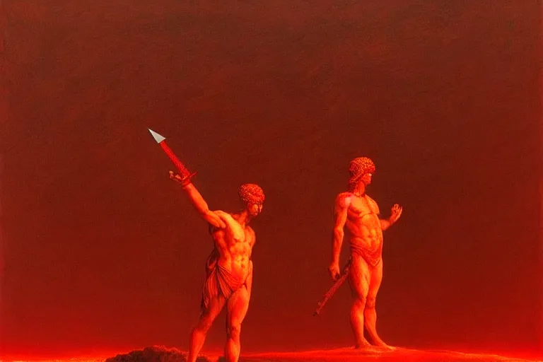 Image similar to only with red, a red melted apollo with a laurel wreath and a flaming sword announce the win, atene in the background, in the style of beksinski, part by hopper, part by rodcenko, part by hofbauer, intricate composition, red by caravaggio, insanely quality, highly detailed, masterpiece, red light, artstation