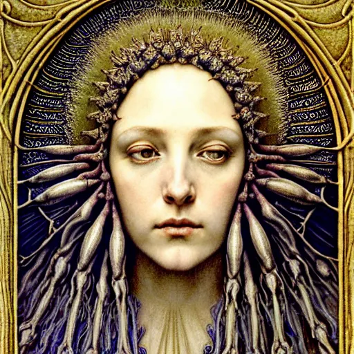 Prompt: detailed realistic beautiful young medieval queen face portrait by jean delville, gustave dore, iris van herpen and marco mazzoni, art forms of nature by ernst haeckel, art nouveau, symbolist, visionary, gothic, pre - raphaelite, horizontal symmetry