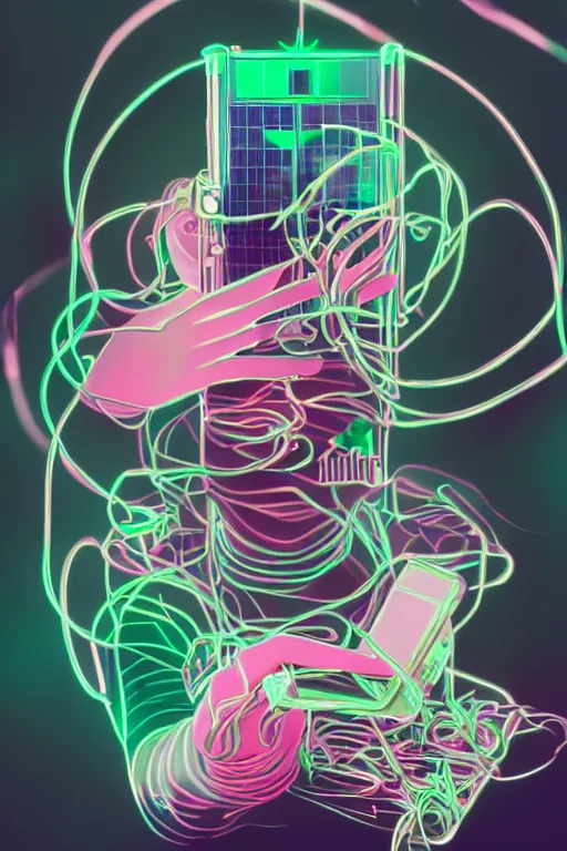 Prompt: epic 3 d abstract 🇵🇷 laptop hacker, spinning hands and feet, 2 0 mm, with pastel pink and white peanut butter melting smoothly into asymmetrical succulents and phones, solar powered, thick wires, delicate, beautiful, intricate, houdini sidefx, trending on artstation, by jeremy mann, ilya kuvshinov, jamie hewlett and ayami kojima