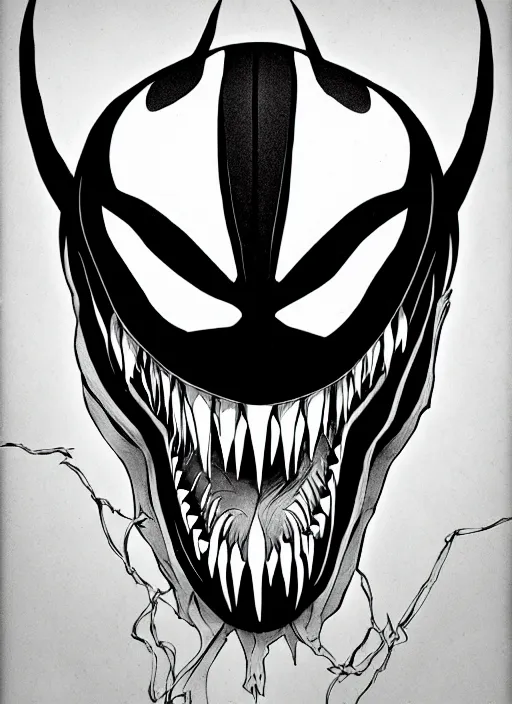 Image similar to symmetry concpet art, full shot, traditional ink, sketch, of venom, line sketch, intricate, elegant, highly detailed, monochrome, digital painting, artstation, concept art, sharp focus, illustration, art by borderlands 3 and peter polach