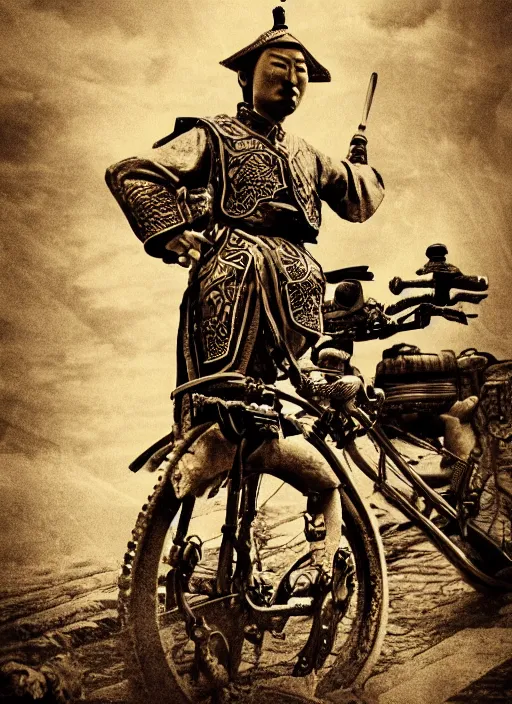 Image similar to old vintage photo of Chinese ancient warriors on the steam punk one wheels, extreme sports photography , dynamic photography, high speed,dirt and grawel flying in the spot, lens flares, dust in the air, moody lighting, intricate, elegant, highly detailed, centered, smooth, sharp focus, sports photography, old photo, black and white, sepia, cinematic lighting, cinematic angle, national geographic
