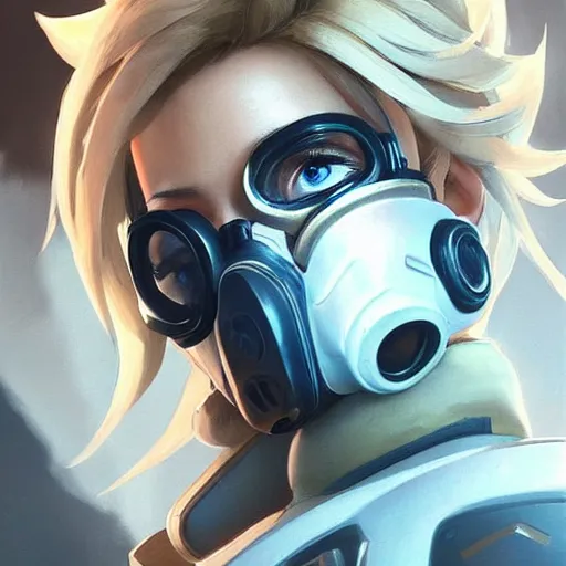 Prompt: mercy overwatch wearing a gas mask, 8 k resolution, highly detailed, intricate, very beautiful face, very detailed eyes, by greg rutkowski, wlop