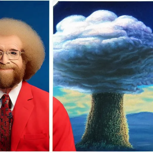 Image similar to nuclear mushroom cloud in shape of bob ross