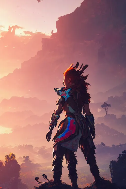 Image similar to combination suit armor aloy horizon forbidden west horizon zero dawn radiating a glowing aura global illumination ray tracing hdr fanart arstation by ian pesty and alena aenami artworks in 4 k tribal robot ninja mask helmet backpack