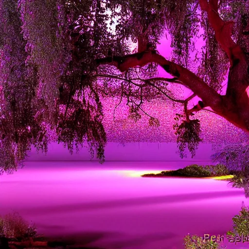 Prompt: a beautiful oasis at night pink blue purple by peter stephens