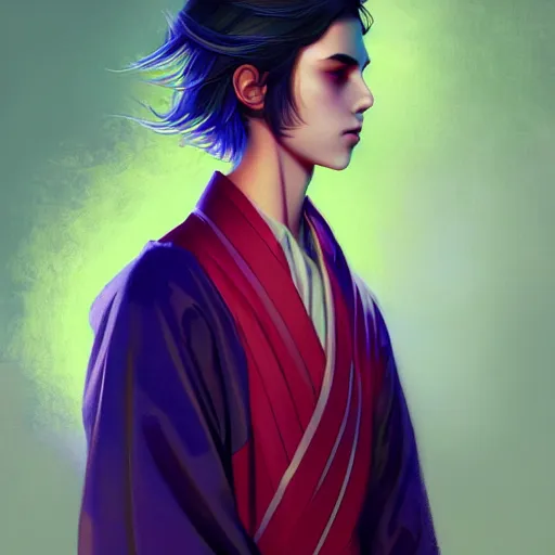 Image similar to colorful and festive captivating teenager boy with straight indigo hair, purple eyes with red eye markers, slim body, wearing a detailed japanese kimono. rich vivid colors, ambient lighting, dynamic lighting, 4 k, atmospheric lighting, painted, intricate, highly detailed by charlie bowater