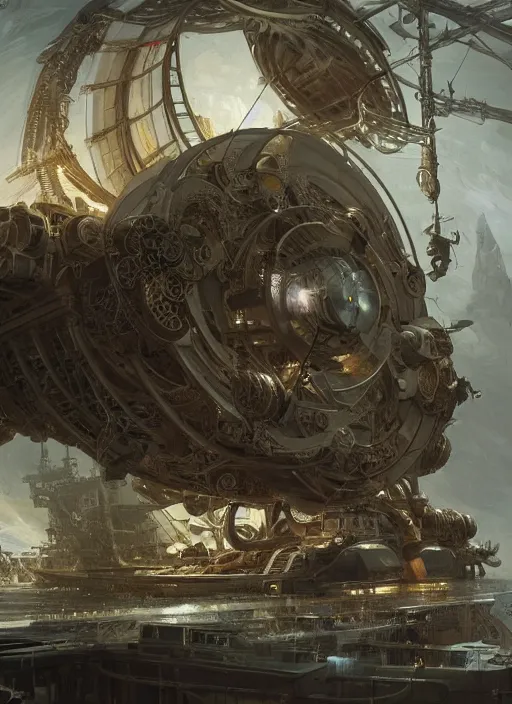 Image similar to epic concept illustration, highly detailed, intricate mechanical design, hard science concept art, star fleet nautilus ship being prepared for launch, by greg rutkowski and alphonse mucha. uhd, cinematic lighting, amazing depth, cinematography by 2 0 1 7