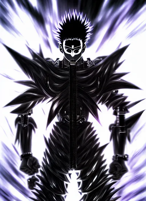 Image similar to a detailed manga full body portrait illustration of a dark spiky haired cyborg anime man surrounded by dark steam by hirohiko araki, detailed artwork, realism, 4 k resolution, detailed, high quality, sharp focus, hq artwork, insane detail, volumetric lighting, character concept art, fine details, clear subject, central subject