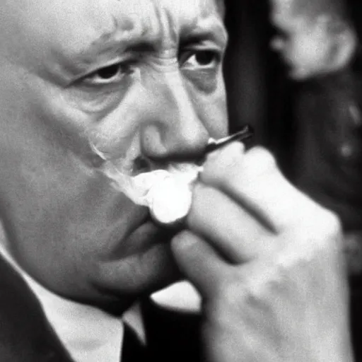 Image similar to a photo of Hitler smoking a fat joint, close up photography, photorealism