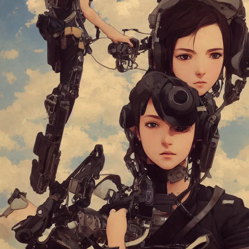 Image similar to a flying girl, fused aircraft parts, military pilot clothing, anime style, short hair, hair down, symmetrical facial features, from arknights, hyper realistic, 4 k, rule of thirds, extreme detail, detailed drawing, trending artstation, hd, realistic lighting, by alphonse mucha, greg rutkowski, shoulder eyes, backlit