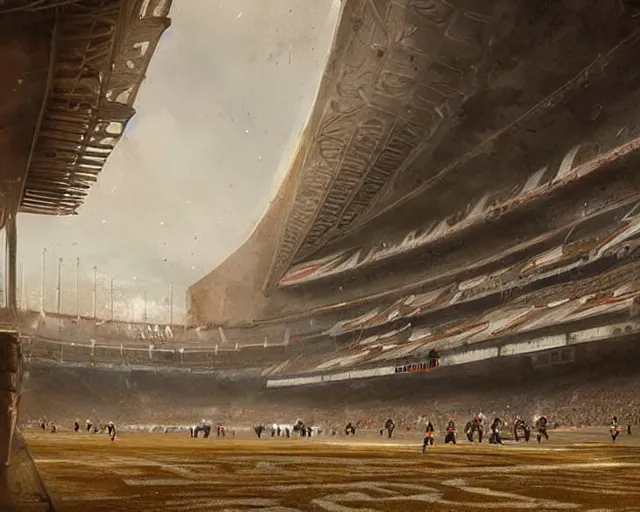 Prompt: a football stadium in the style of golden age syrian empire architecture, art by greg rutkowski and artgerma, stunning concept art, exterior design