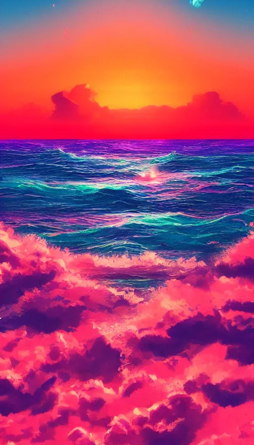 Image similar to Beautiful vaporwave ocean horizon, there is an alien planet in the distance over the horizon, viewed from the beach, digital art, trending on artstation, iphone wallpaper