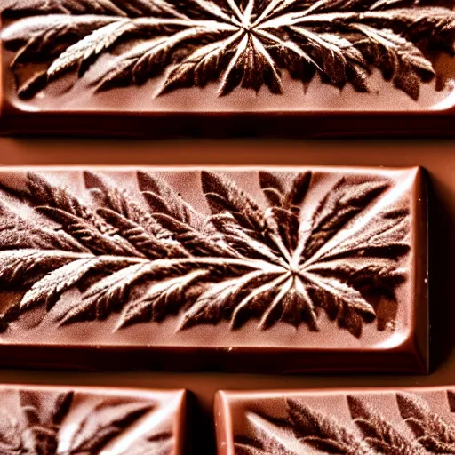 Prompt: a chocolate bar shaped like a cannabis leaf, product photography