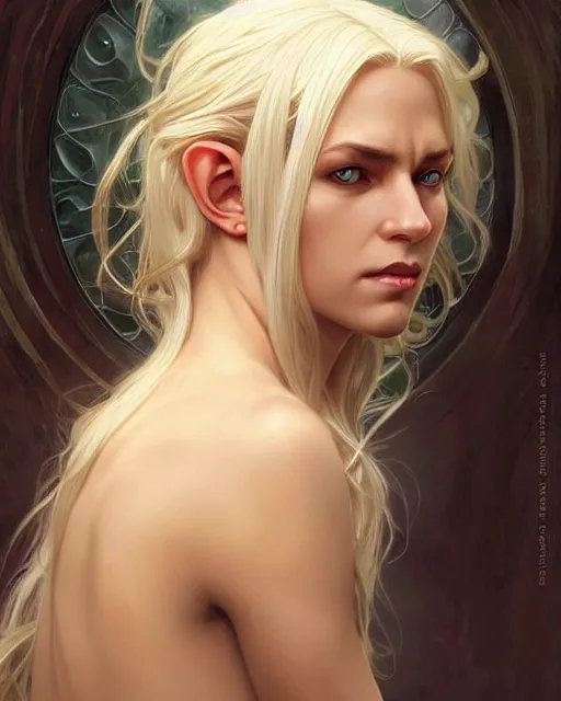 Image similar to portrait of an old blonde elven mage, dark, piercing eyes, gentle expression, elegant clothing, photorealistic, highly detailed, artstation, smooth, sharp focus, art by michael whelan, artgerm, greg rutkowski and alphonse mucha