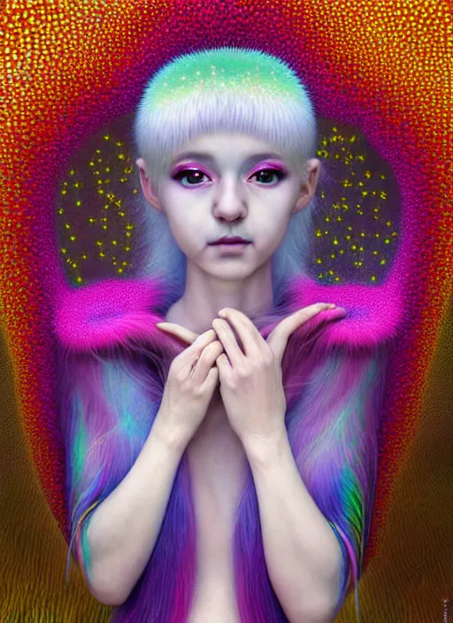 Prompt: hyper detailed 3d render like a Oil painting - kawaii portrait Aurora (white haired Singer Weasle) seen Eating of the Strangling network of yellowcake aerochrome and milky Fruit and Her delicate Hands hold of gossamer polyp blossoms bring iridescent fungal flowers whose spores black the foolish stars by Jacek Yerka, Mariusz Lewandowski, Houdini algorithmic generative render, Abstract brush strokes, Masterpiece, Edward Hopper and James Gilleard, Zdzislaw Beksinski, Mark Ryden, Wolfgang Lettl, hints of Yayoi Kasuma, octane render, 8k