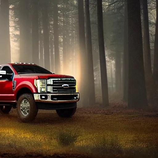 Image similar to red Ford F-250 super duty pickup truck (2018), an epic fantasy, dramatic lighting, cinematic, establishing shot, extremely high detail, photorealistic, cinematic lighting, artstation, by simon stalenhag, driving on a forest trail