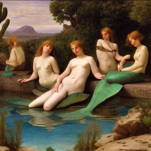 Image similar to a group of mermaids lounging in a desert oasis, by edward poynter and wlop