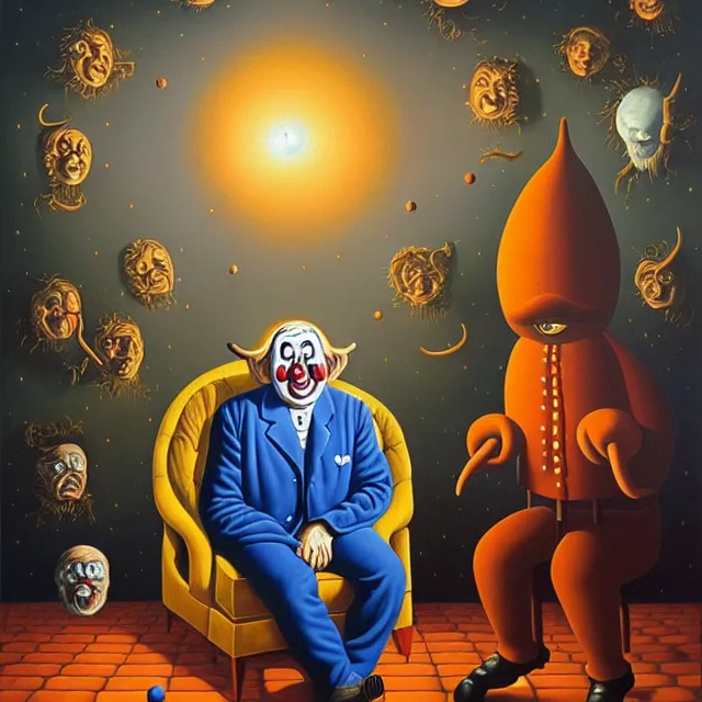 Image similar to an oil on canvas painting of a sad clown sitting by himself next to the devil, surrealism, surrealist, cosmic horror, rob gonsalves, high detail