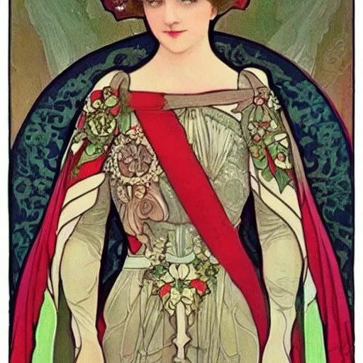 Image similar to president of belarus in beautiful dress. mucha style. epic composition. highly detailed.