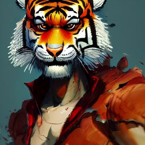 Prompt: concept art of anthropomorphized tiger, highly detailed painting by dustin nguyen, akihiko yoshida, greg tocchini, 4 k, trending on artstation, 8 k
