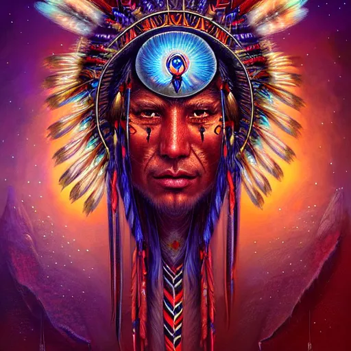 Prompt: : native american shamen fantasy, cosmic fantasy magic,, intricate, sharp focus, illustration, highly detailed, digital painting, concept art, matte, jahbu art and paul lewin masterpiece