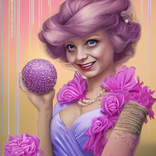 Image similar to Princess with blonde hair and bangs, wearing a fancy pink ball dress and pearl earings, holding a pink and purple flower boquet in a light pink room by Dan Mumford and Sandra Chevrier, 4k, vivid lighting