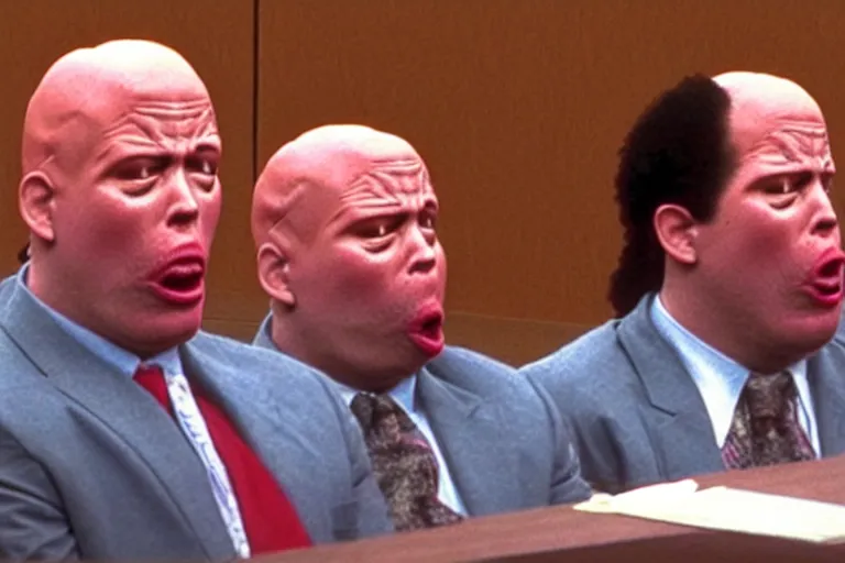 Prompt: crying coneheads testifying in court, detailed facial expressions