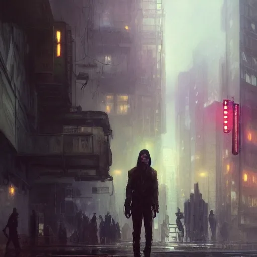 Image similar to wanderer, sidewalk of a cyberpunk megacity, dramatic lighting, detailed background, gorgeous view, realistic, high detail, depth of field, lightrays, atmospheric, digital art, painted by greg rutkowski, painted by jeremy mann, painted by alphonse mucha, trending on artstation